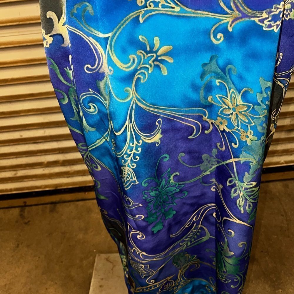 Vintage Koret sheath lined maxi dress shades of blue with gold accent floral - Picture 8 of 8
